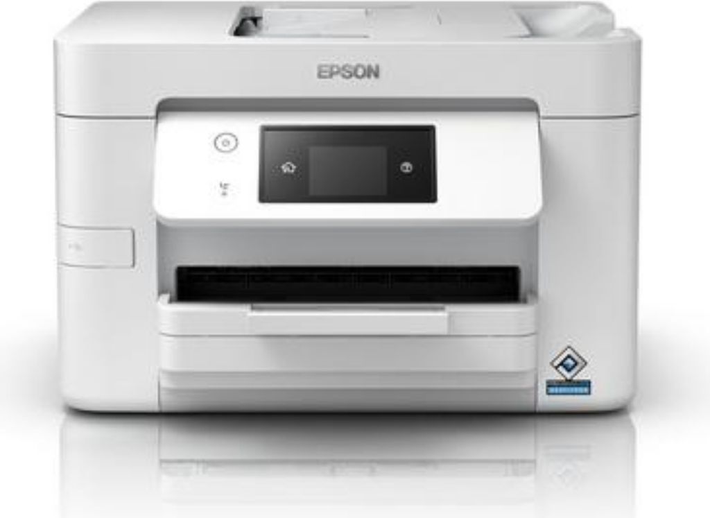 A white Epson WorkForce Pro WF-M4619DWF printer is shown from the front on a white background.