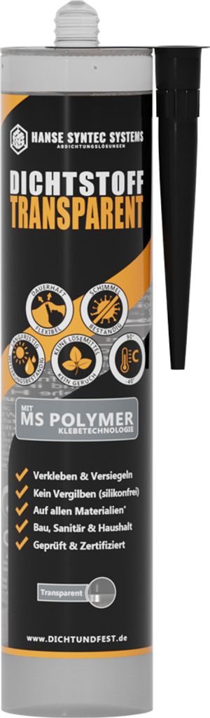 HSS Dichtstoff TRANSPARENT 290ml, MS-Polymer-Kleber/Dichtstoff, Innen & Außen, alle Materialien, UV- & witterungsbeständig, wasserdicht, ohne Silikon