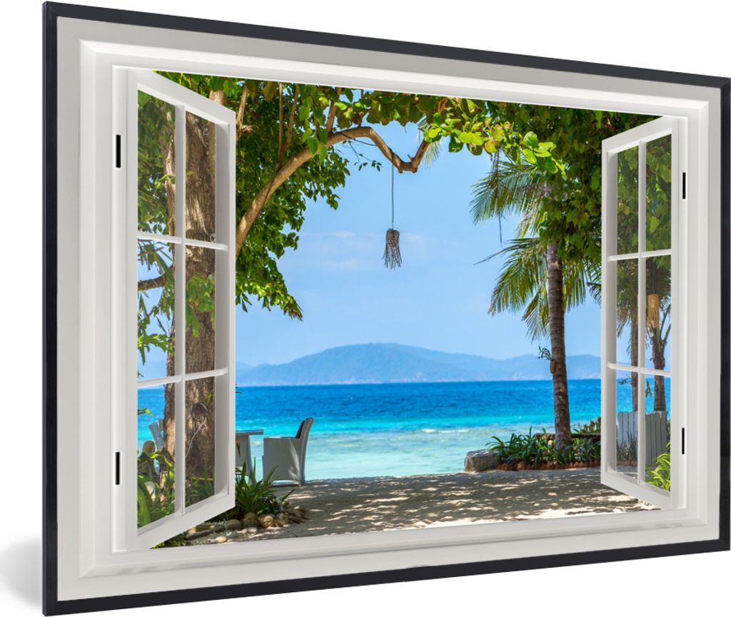 MuchoWow MuchoWow Gerahmtes Poster Aussicht - Baum - Meer - Palme - Hügel - Strand - Blau 60x40 cm - Poster mit zchwarzem Bilderrahmen - Print...