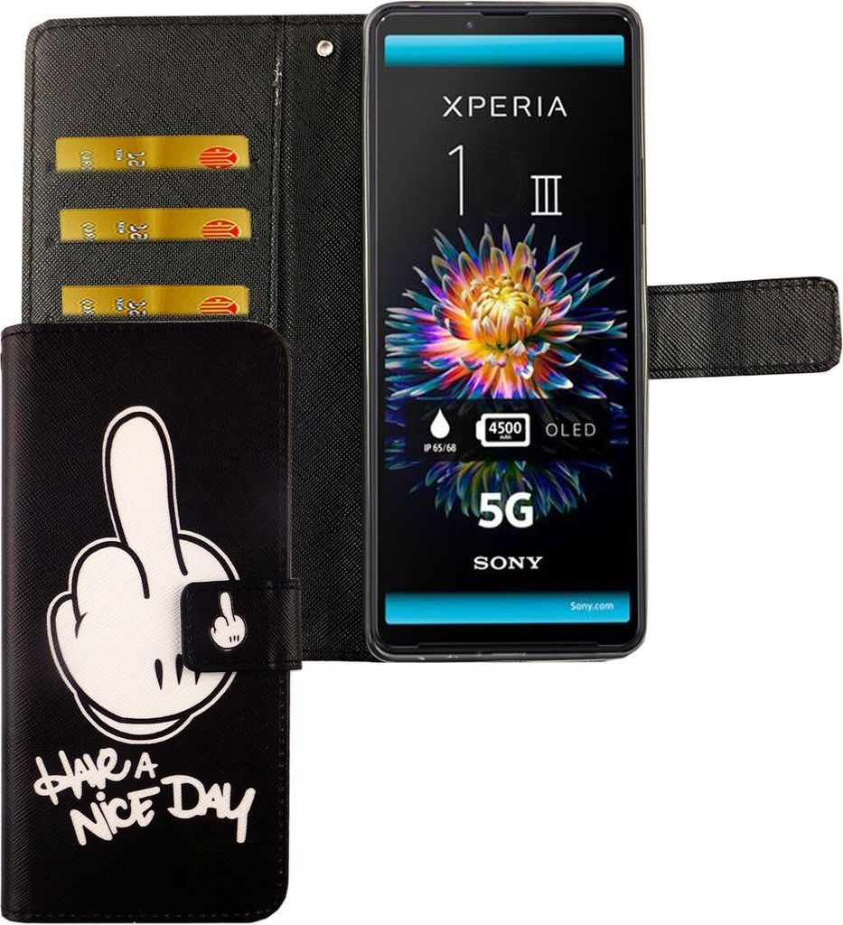 Sony Xperia 1 III Tasche Handy Hülle Schutz-Cover Flip-Case mit Kartenfach, Farbe:Have A Nice Day Schwarz