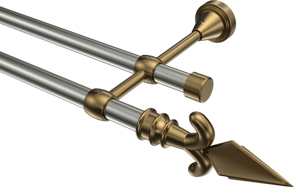 Interdeco Gardinenstange / Vorhangstange Edelstahl-Optik / Messing Antik, Typ Primus Matteo (Pfeil), 16 mm Ø 2-läufig, 140 cm