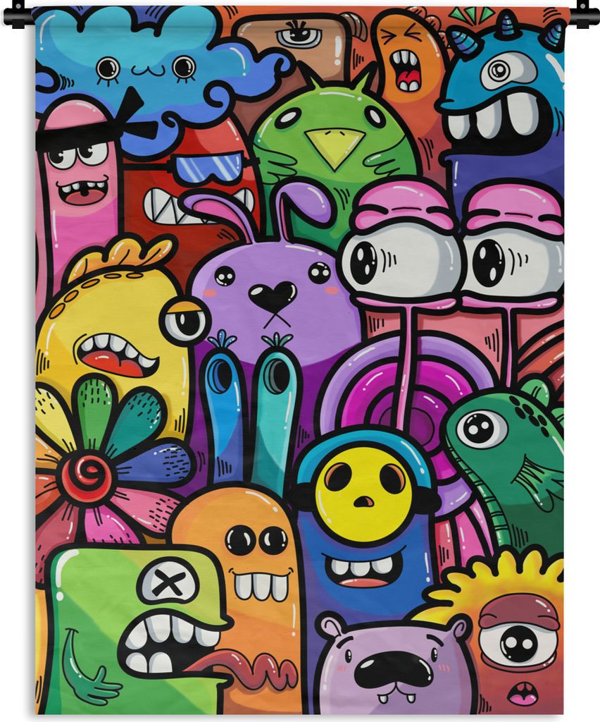 MuchoWow Wandteppich Wandbehang Monster - Blumen - Regenbogen - Design - Lustig - Kinder 90x120 cm Tapisserie Dekoration Wandtuch - Wanddeko