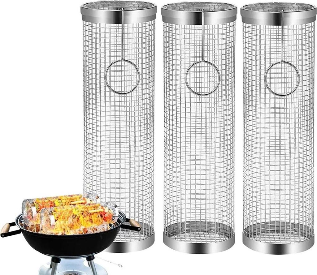 3er Set Zylindrischer Grillkorb Rund aus Edelstahl mit 1x Haken | Rollendes Grillkorb für Gasgrill, Elektro- und Holzkohle-Grill | 30 x 9 cm Grill...