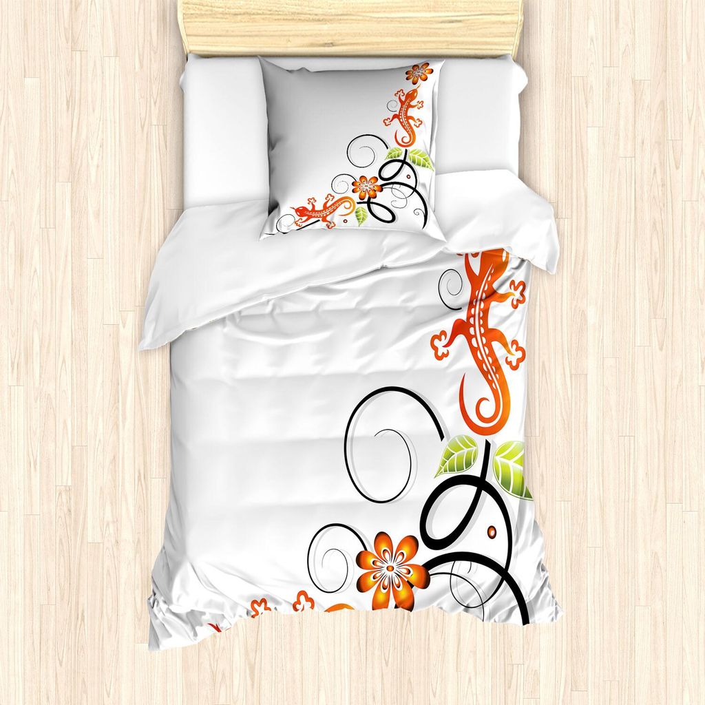 ABAKUHAUS Stammes Bettbezug Set, Kleine Baby Eidechse Blumen und Blätter mit orientalischen ethnischen Linien drucken, 135 x 200 cm + 80 x 80 cm, ...