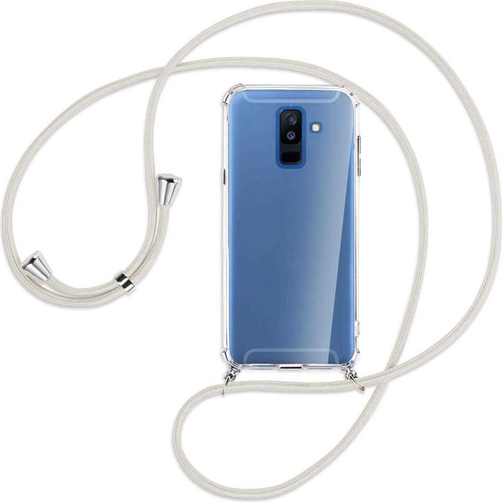 Handykette Backcover-Schutzhülle mit Band (Metall silberfarben) für Samsung Galaxy A6 Plus 2018 / J8 - broken white