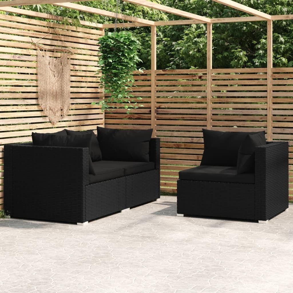 Ankonbej 3-tlg. Garten-Lounge-Set mit Kissen Schwarz Poly Rattan