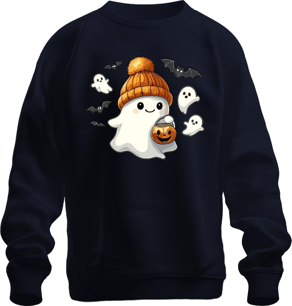 Niedlicher Halloween Geist mit Mütze Kürbis Laterne Kawaii Süßes Uni Sweatshirt Pullover, Navy, M