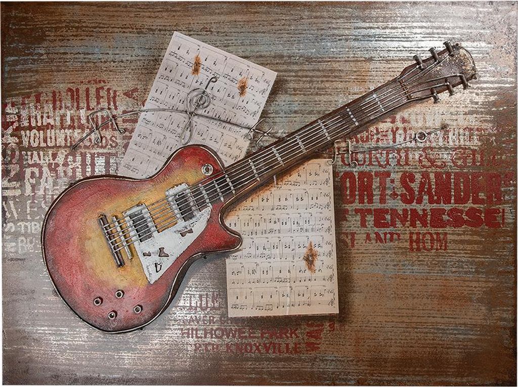 Clayre & Eef 3D-Gemälde aus Metall 100x75 cm Orange Gitarre