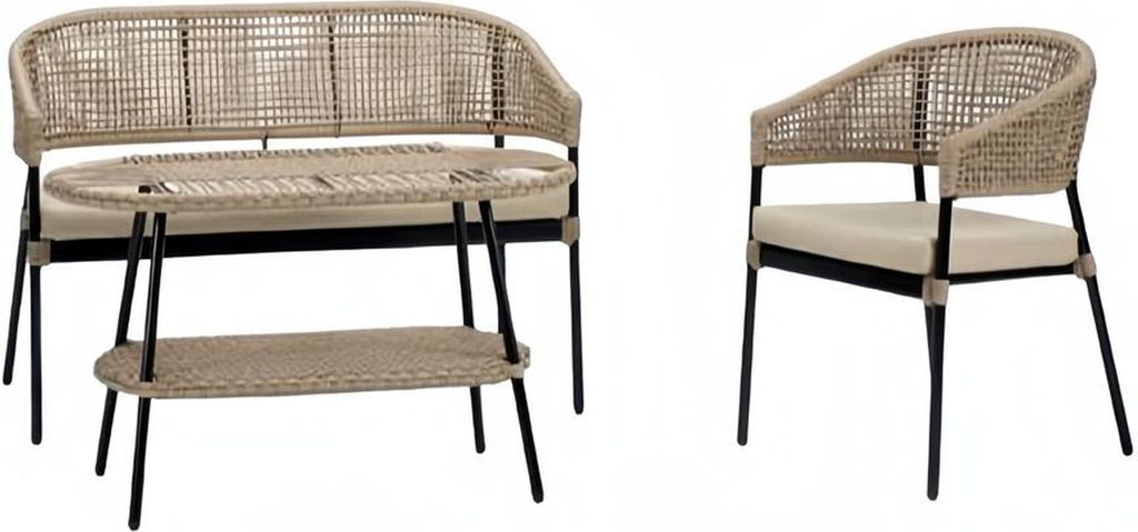 Sofagarnitur Beige Sofa 2 Sitzer Rattan Moderner Sessel Couchtisch