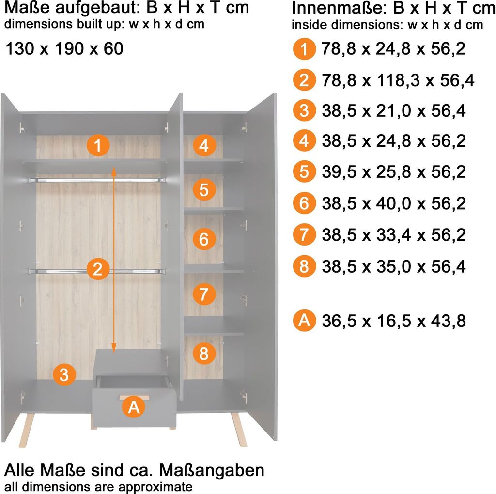 trendteam Babyzimmer Kleiderschrank Mats Grau Melamin 130 x Produktbild 3