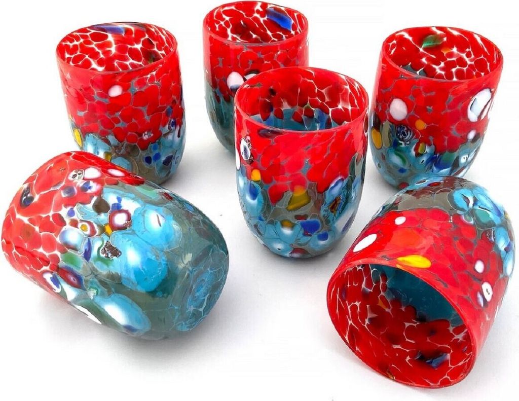 Casa Padrino Luxus Murano Kristallglas Wasserglas 6er Set Rot / Türkis Ø 8 x H. 10,5 cm - Italy