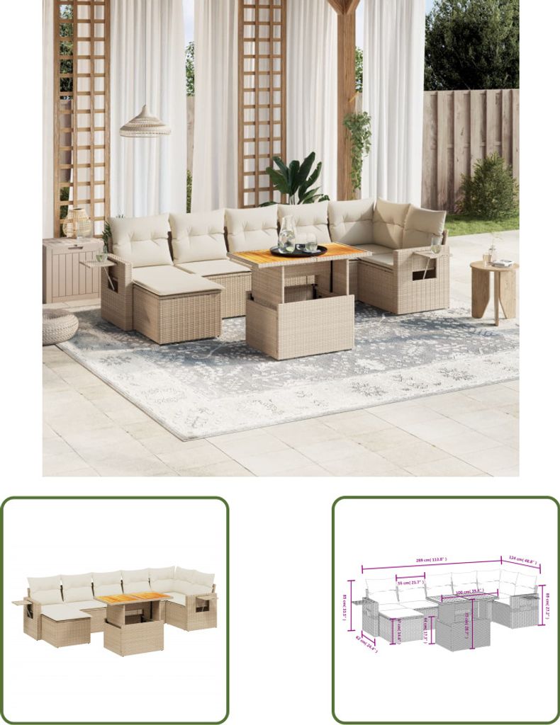 The Living Store 8-tlg. Garten-Sofagarnitur mit Kissen Beige Poly Rattan