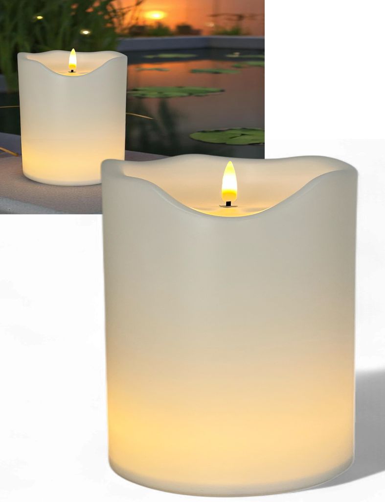 XXL Outdoor LED Kerze – Flackerlicht mit 3D-Effekt, IP44 wetterfest, warmweiß, Timer 6h/18h – Batteriebetrieb – 20 cm – Garten & Terrasse
