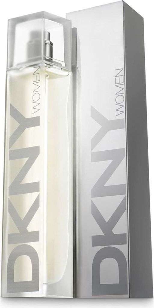 A bottle of DKNY perfume and its packaging are shown against a white background.