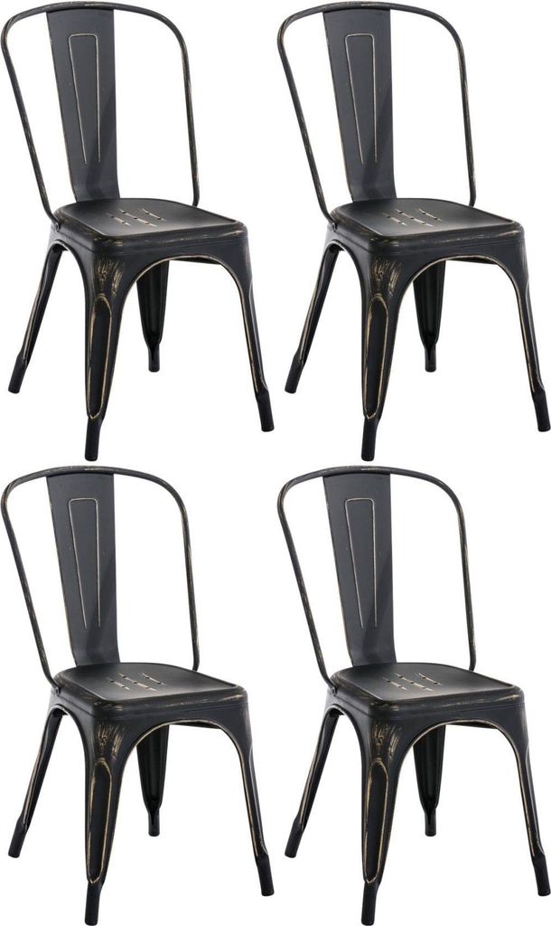 4-teiliges Set Metallstühle – Stapelbare Esstische – Industriedesign | Farbe: Schwarz und Gold