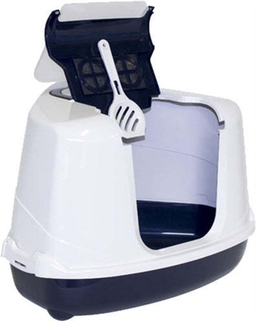 A white and dark blue corner litter box with a scoop attached to the lid.