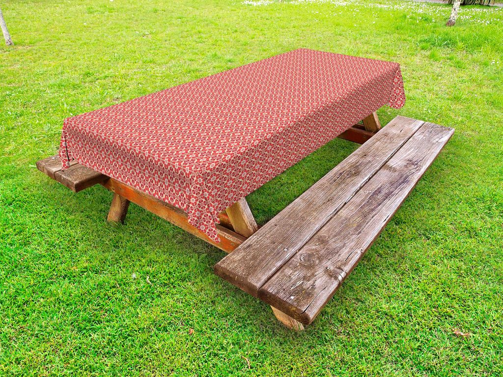 ABAKUHAUS marokkanisch Tischdecke Outdoor, Repetitive Tile Inspired Blumenmotiv, Champagner Zinnoberrot, 145x265cm
