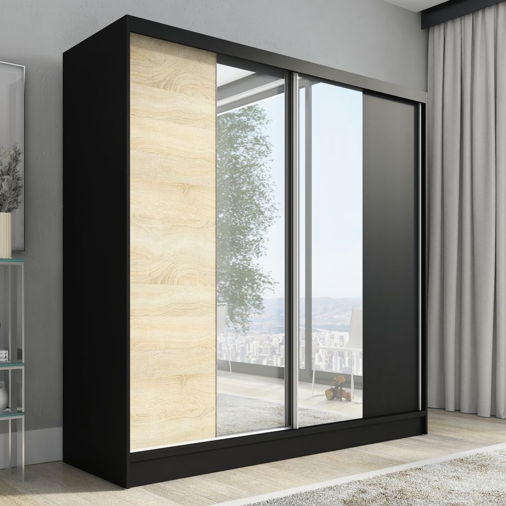 Schwebetürenschrank, 2-türig Schrank mit Spiegel DUO 200 (Weiß, Schwarz, Somona)