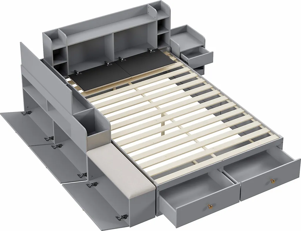 Lit double combiné gain de place 140x200, bois gris avec rangements - 8