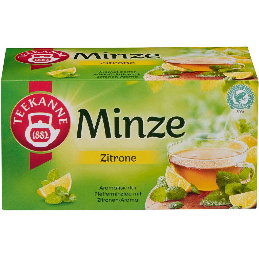 A close-up of a tea box packaging, featuring the brand logo, product name, and imagery of tea ingredients.