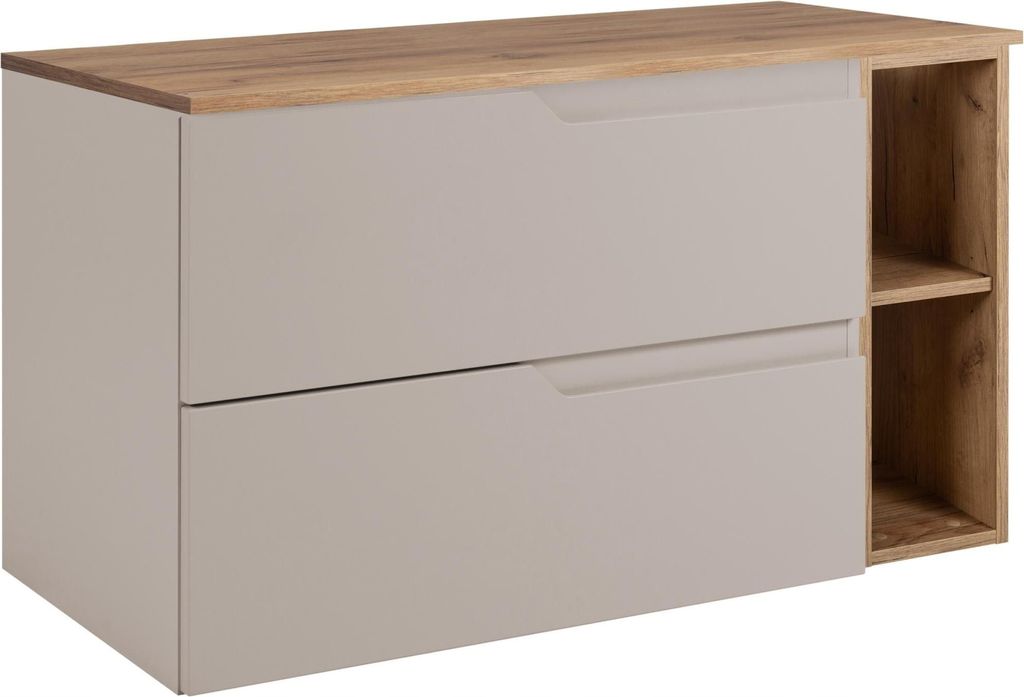 RODAN | Waschbeckenunterschrank - Beige und Braun - 80 cm - Mit Tischplatte - 2 Schubladen - Hängend - mit Seitlichem Regal - MODERN