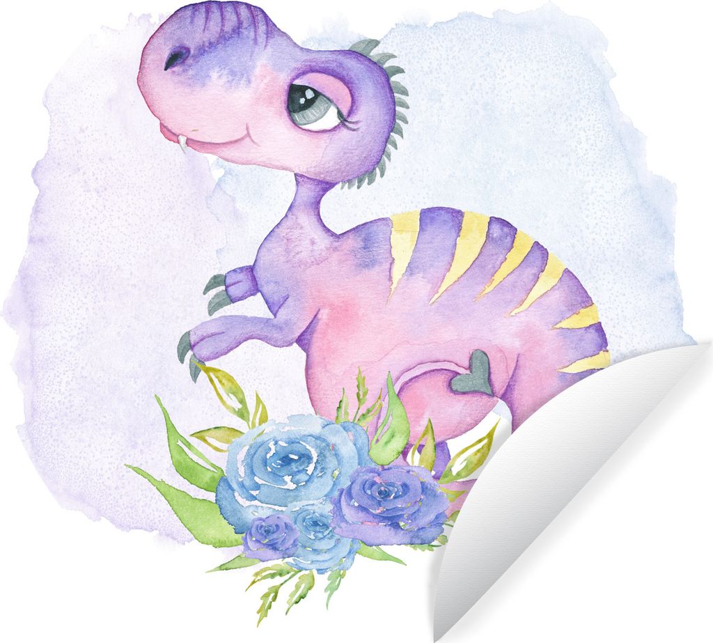 MuchoWow Runde Wandtattoo - Wandsticker Tapete Aufkleber Dinosaurier - Kinderzimmer - Aquarell - Mädchen - Kinder - Rosa Ø 100 cm Selbstklebend...