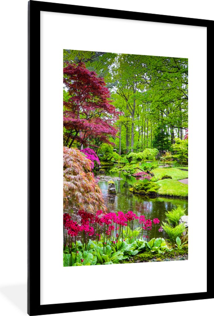 MuchoWow Gerahmtes Poster Bäume - Blumen - Japanisch - Natur - Wasser 60x90 cm - Poster mit Schwarzem Bilderrahmen Wandposter Rahmen Foto Bilder...