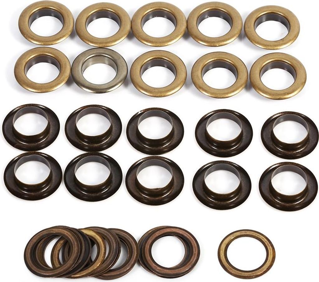 A collection of metal grommets in various colors.