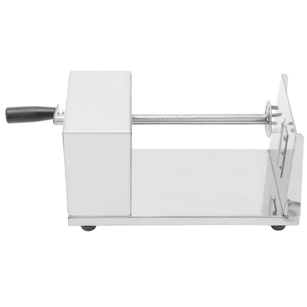 A stainless steel manual potato spiralizer is shown against a white background.