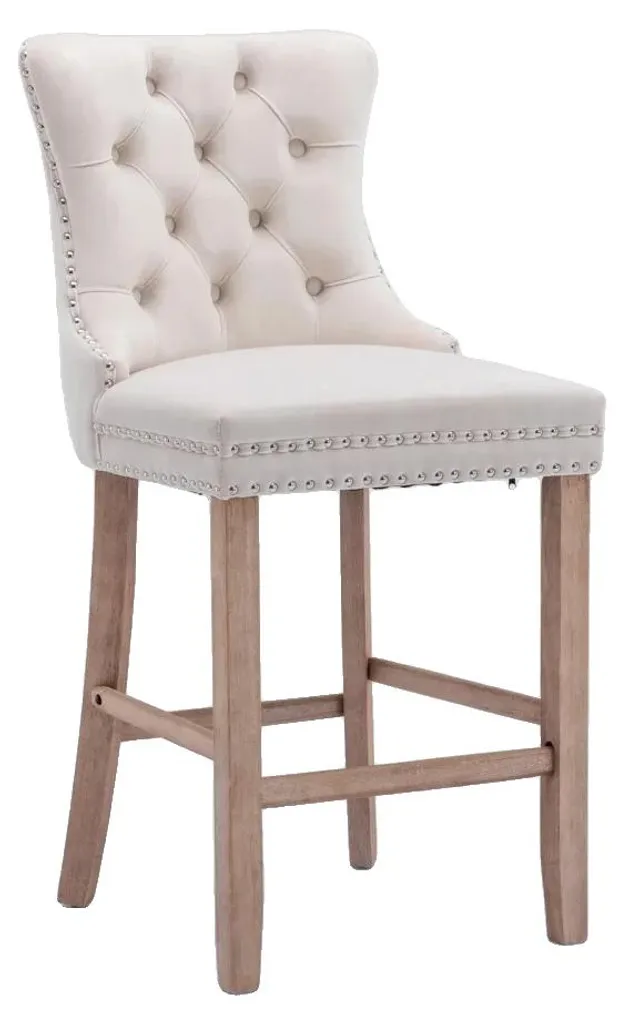 Tabouret bar bois massif beige velours - Stable, durable et confortable