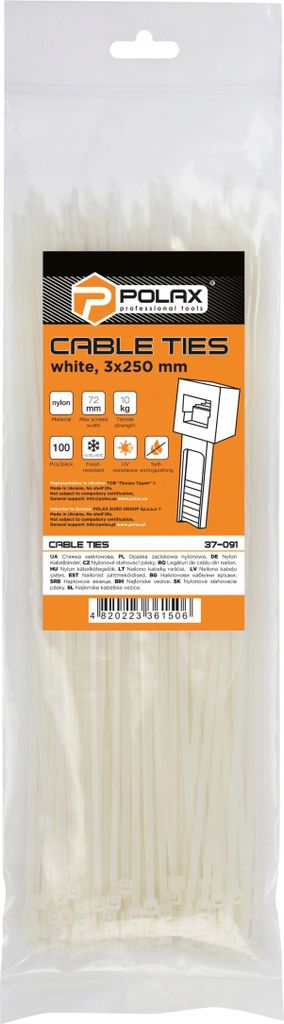 Kabelbinder, Nylon, weiß, 3 x 250 mm, 100 Stück Polax