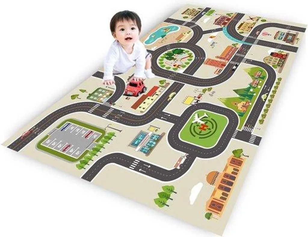 Tapis enfant antidérapant thème ville 80x120 cm bleu gris haute qualité