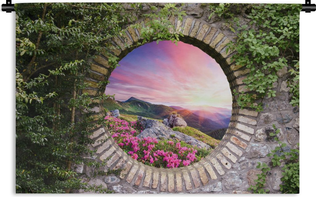 MuchoWow Wandteppich Wandbehang Landschaft - Blumen - Aussicht - Berg 90x60 cm Tapisserie Dekoration Wandtuch - Wandskulpturen - Bildteppich