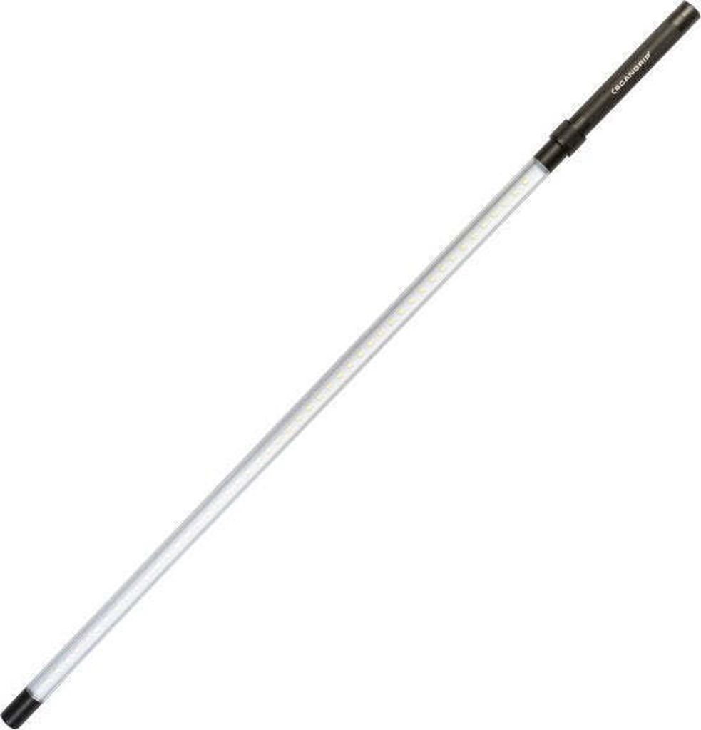 A long, thin product, likely a light or extension pole, is shown diagonally against a white background. It has a silver-colored main body and a black handle or connector at the top.