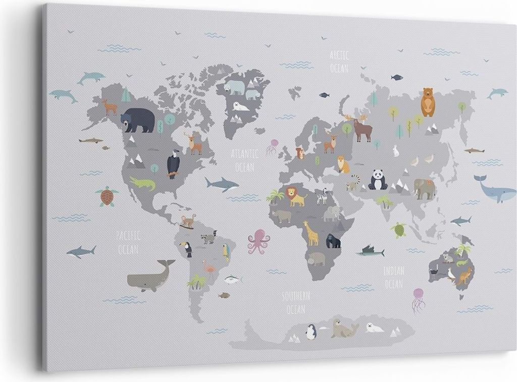 Bild auf Leinwand - Leinwandbild - Einteilig - Karte die Welt Kontinente - 100x70cm - Wand Bild - Wanddeko - Wandbilder - Leinwanddruck - Bilder - ...