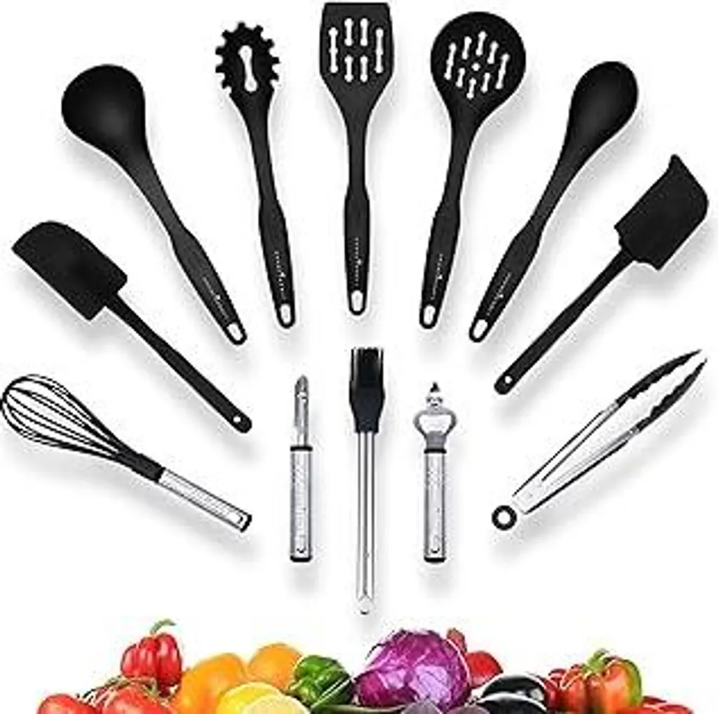 Set Utensili Cucina 12 Pezzi: Design Moderno in Silicone Grigio