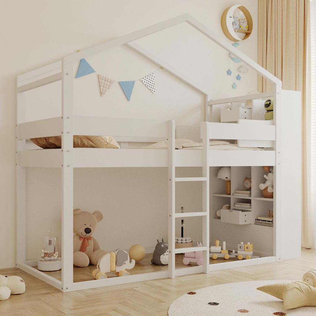 STILVORA Etagenbett 90x200 cm mit Stauraum & Lattenrost oben, Hochbett mit Kopfteil-Staufächern, Jugendbett platzsparend nach EN747 aus Kiefernhol...