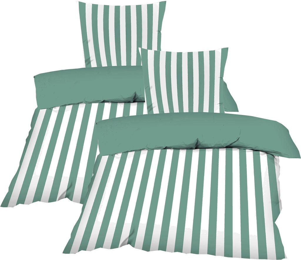 Wendebettwäsche Bettwäsche 135 x 200 cm 4 tlg. Renforce aus 100% Baumwolle in Grün Weiß Gestreift oder UNI Grün