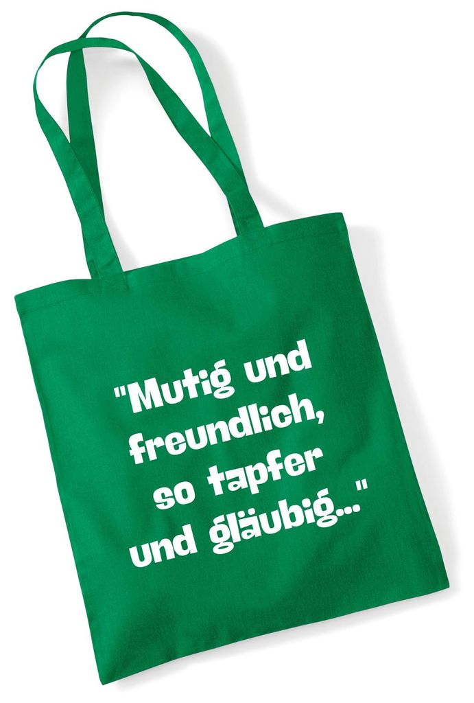 Huuraa Jutebeutel Mutig freundlich tapfer und gläubig 10 Liter Kelly Green Baumwolle Tasche Geschenkidee