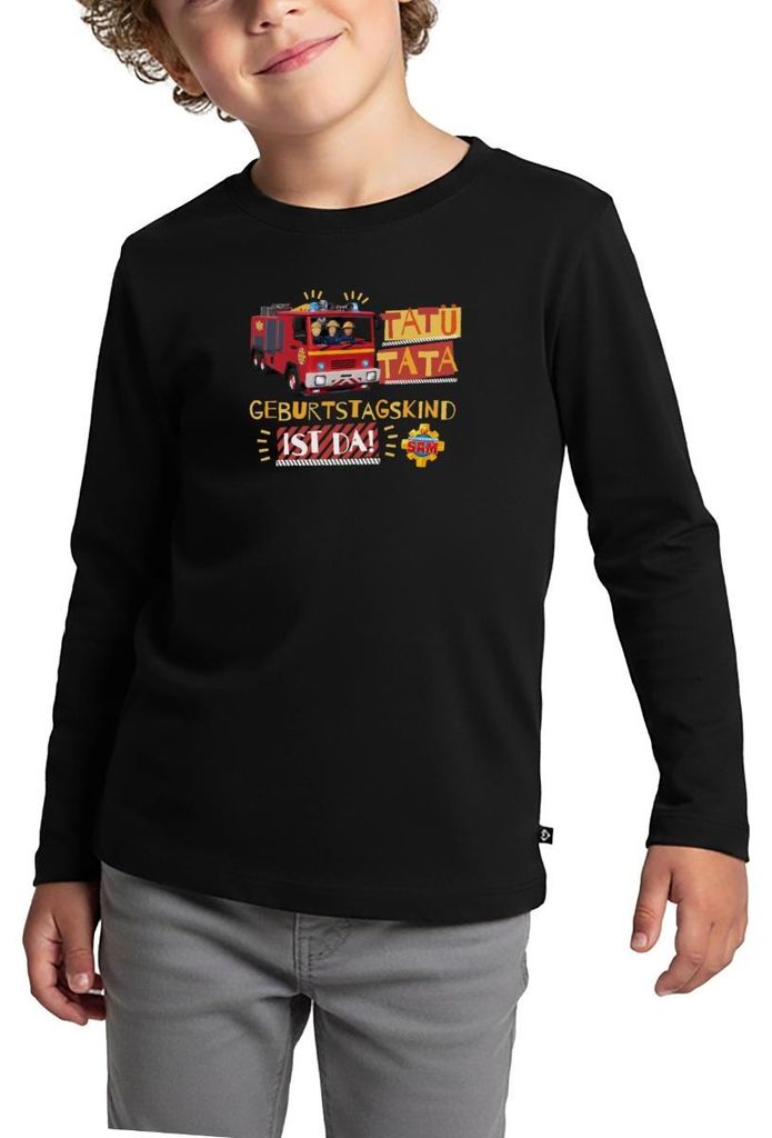 Spreadshirt Feuerwehrmann Sam Tatü Tata Geburtstagskind Kinder Premium Langarmshirt, 122/128 (6 Jahre), Schwarz