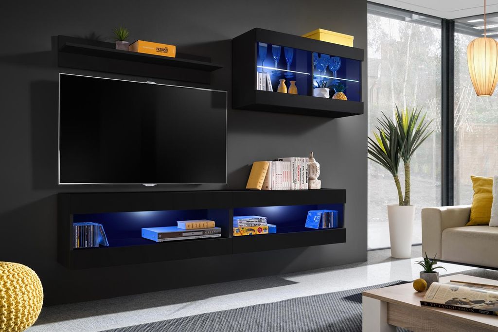 Komodee, Set, Möbel, Tivoli SET6, Schwarz/Schwarz, Breite 200cm x Höhe 195cm x Tiefe 35cm, LED Blau, für Wohnzimmer, Schlafzimmer