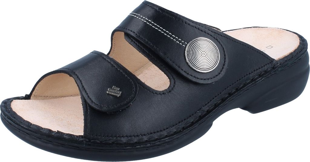 A black leather sandal is shown from a side-angle on a white background.