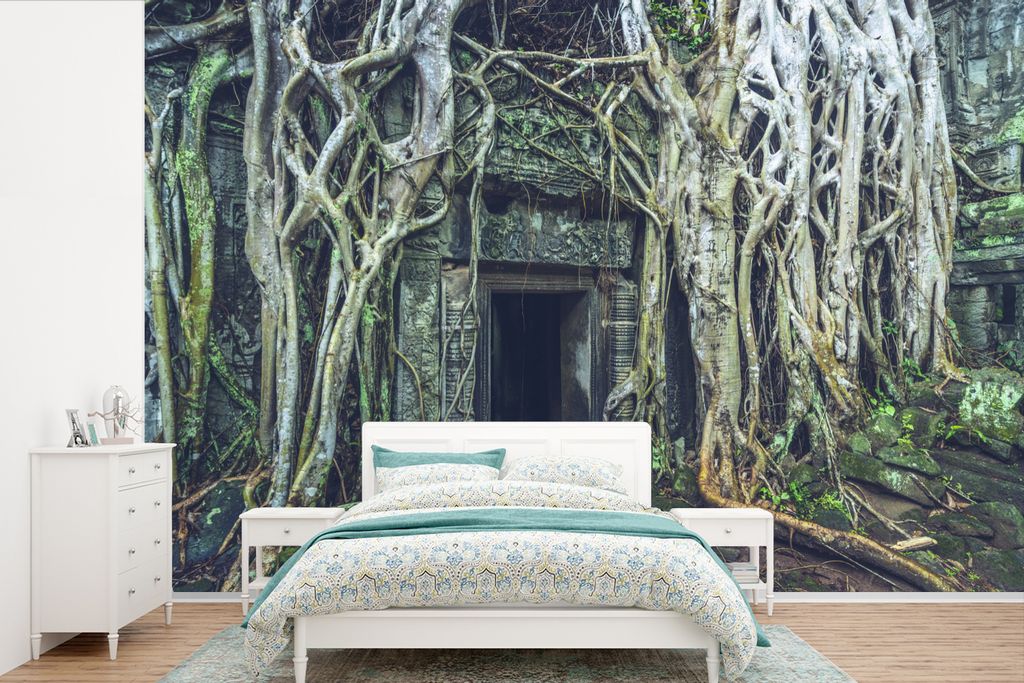 MuchoWow Fototapete für Wohnzimmer oder Schlafzimmer Wandtapete Vinyl Motivtapete Überwachsener Tempel von Angkor wat - 330x220 cm - Fototapeten