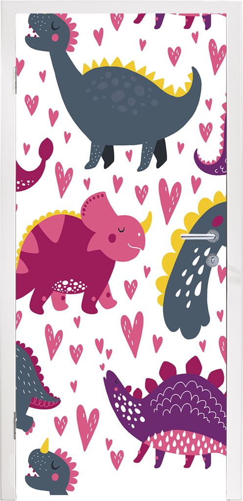 MuchoWow Türtapete Selbstklebende Türfolie Dino - Herz - Muster - Rosa - Mädchen - Dinosaurier 90x205 cm Türposter Türaufkleber Klebefolie T...