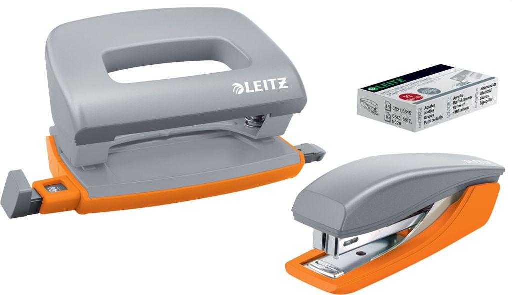 Schreibtisch-Set 3-teilig Locher und Heftgerät Urban Chic + Heftklammern dunkelgrau Packung mit 6 Stück