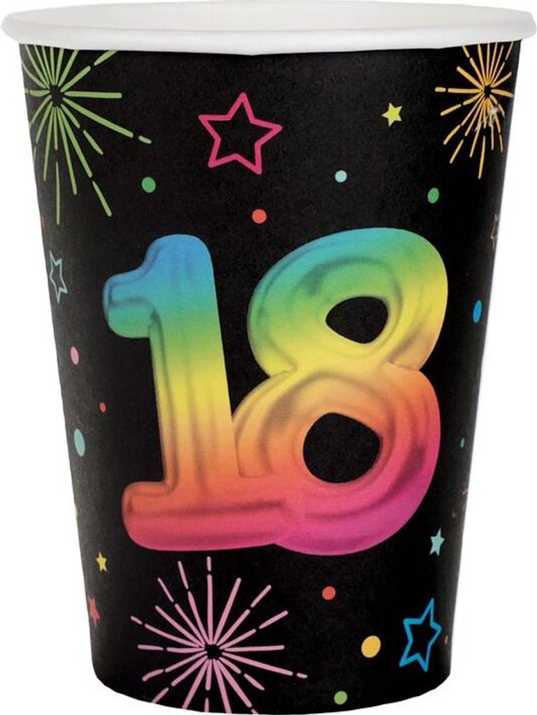 6 Papp-Becher Geburtstag 18 schwarz bunt