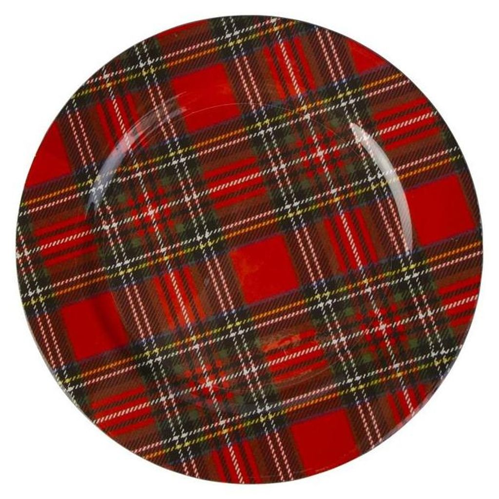 A close-up, top-down view of a round plate with a red, green, and brown plaid pattern.
