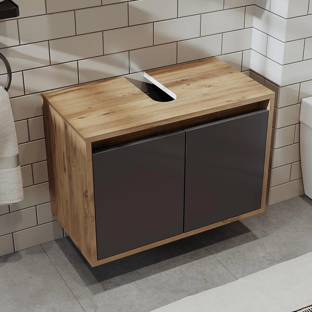 Meuble bas gain de place pour salle de bain 65 cm chêne anthracite