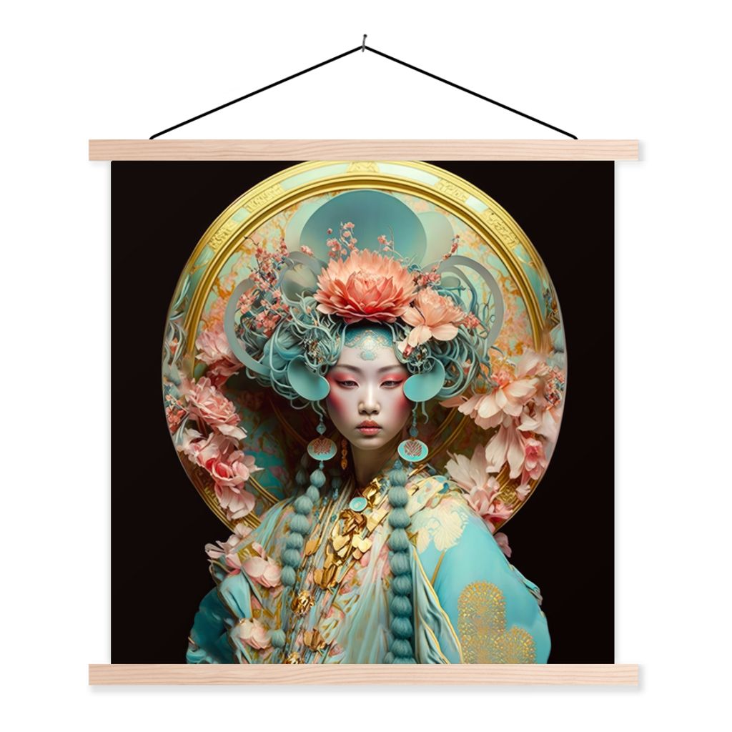 MuchoWow Textilposter Frau - Blumen - Rosa - Porträt - Asiatisch 40x40 cm mit holzfarbenen Rahmen - Posterleiste