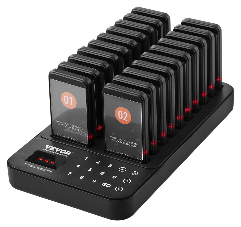 A black restaurant pager system with 20 pagers on a charging base, displayed on a black surface.